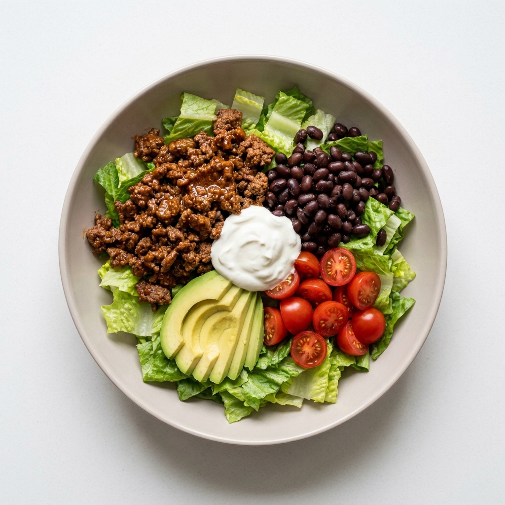 High Protein Wagyu Beef Taco Salad Bowl, prepared as a finished Lila recipe
