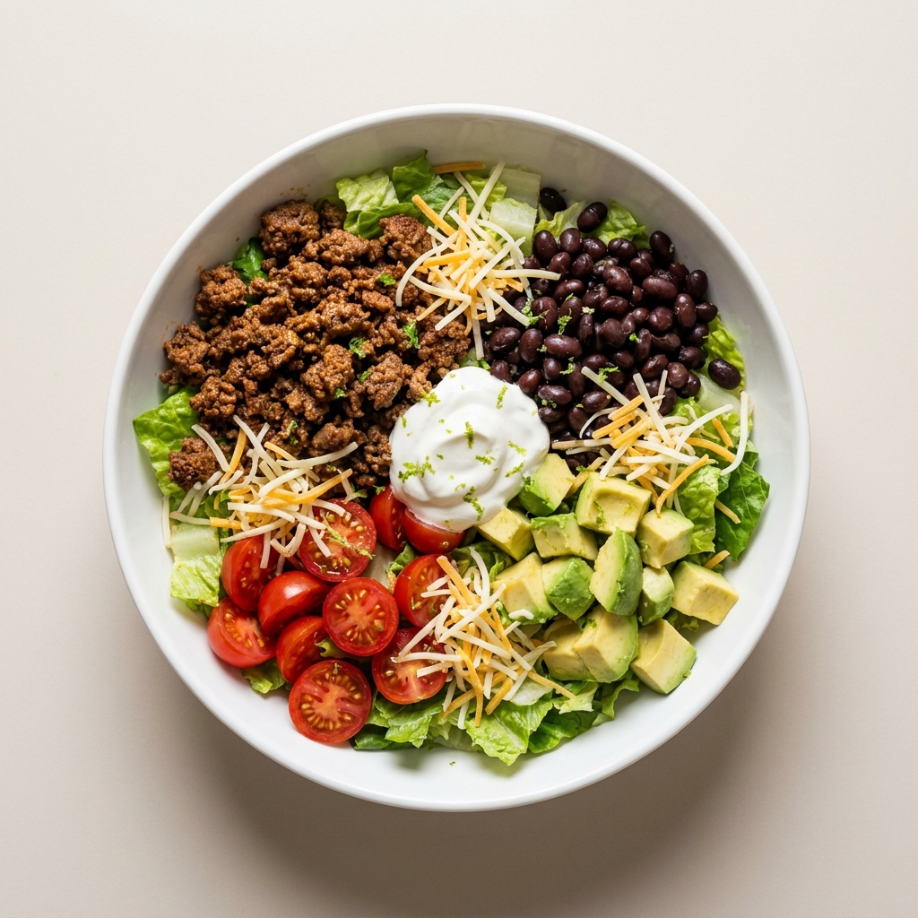 High Protein Wagyu Beef Taco Salad Bowl, prepared as a finished Lila recipe