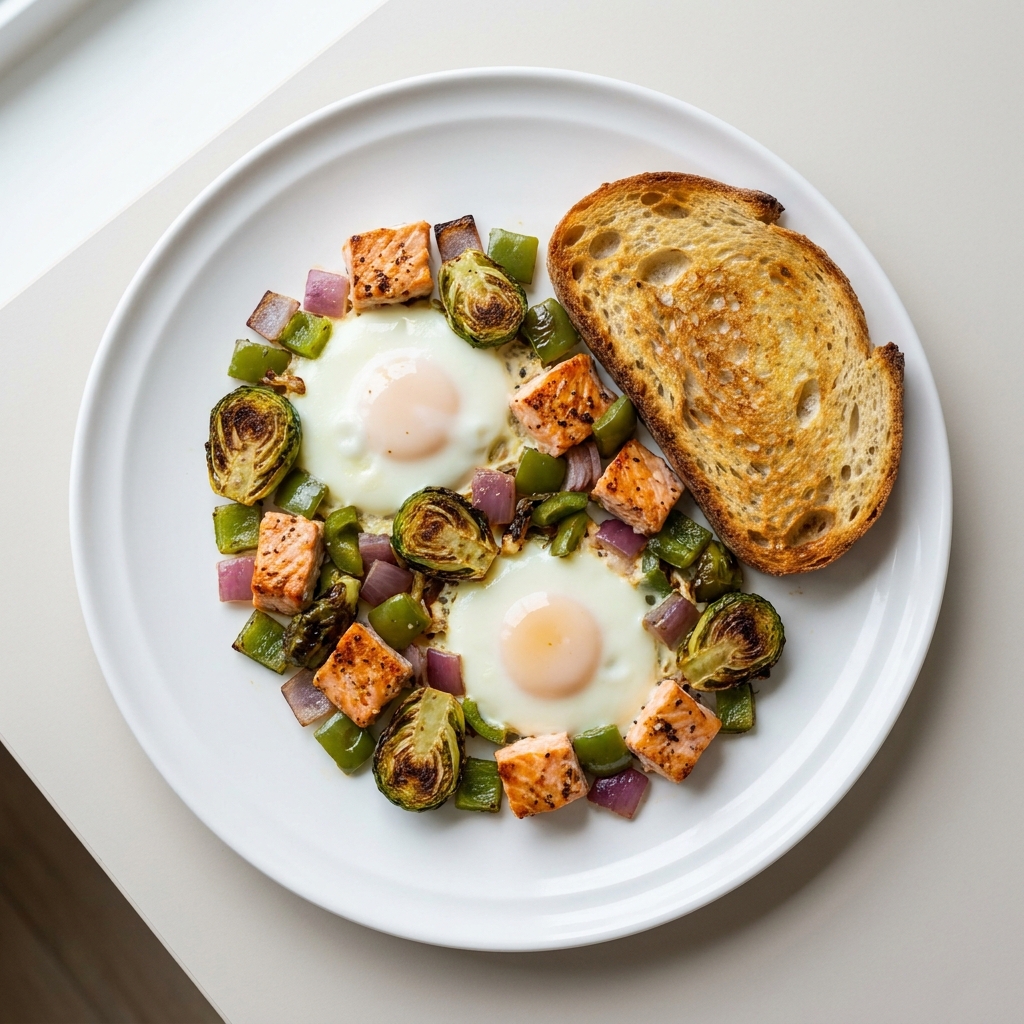 Sheet Pan Salmon and Egg Brunch Hash, prepared as a finished Lila recipe