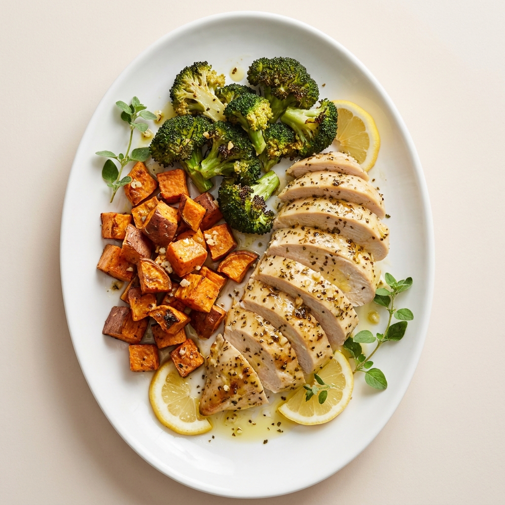 Lemon Herb Roast Chicken with Sweet Potato and Broccoli, prepared as a finished Lila recipe