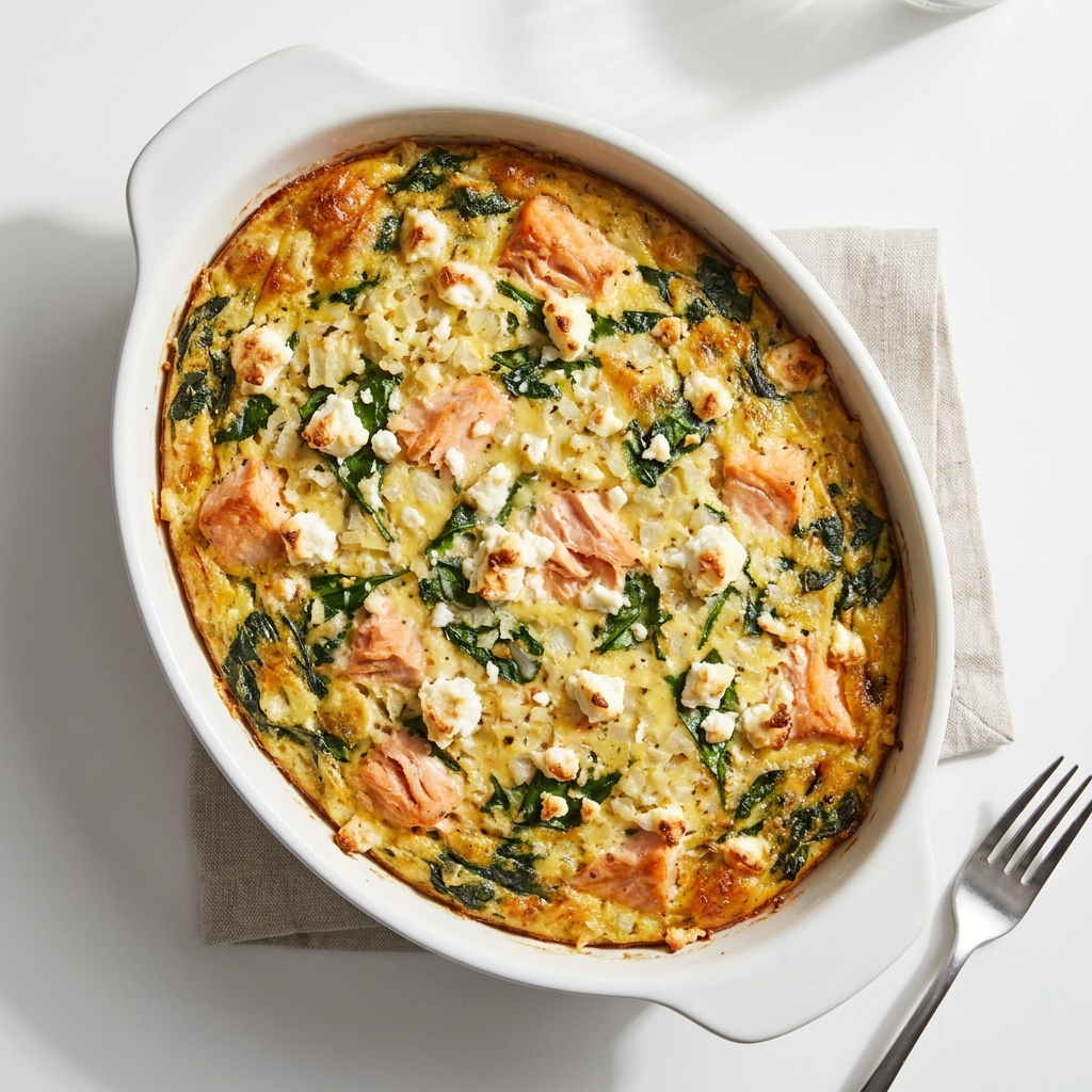 Chipotle Salmon Spinach Cauliflower Rice Egg Bake, prepared as a finished Lila recipe