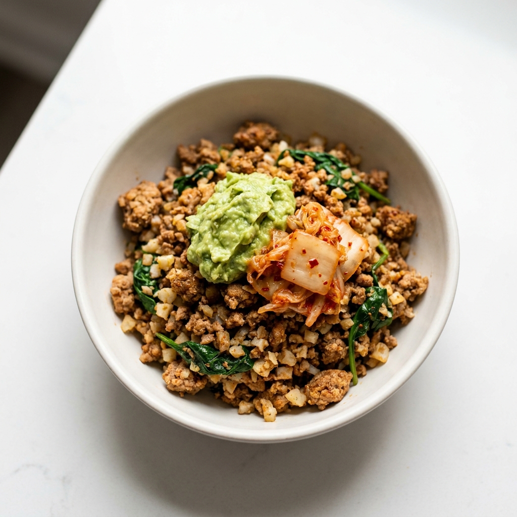 Batch Prep Turkey Bison Taco Bowl Base, prepared as a finished Lila recipe