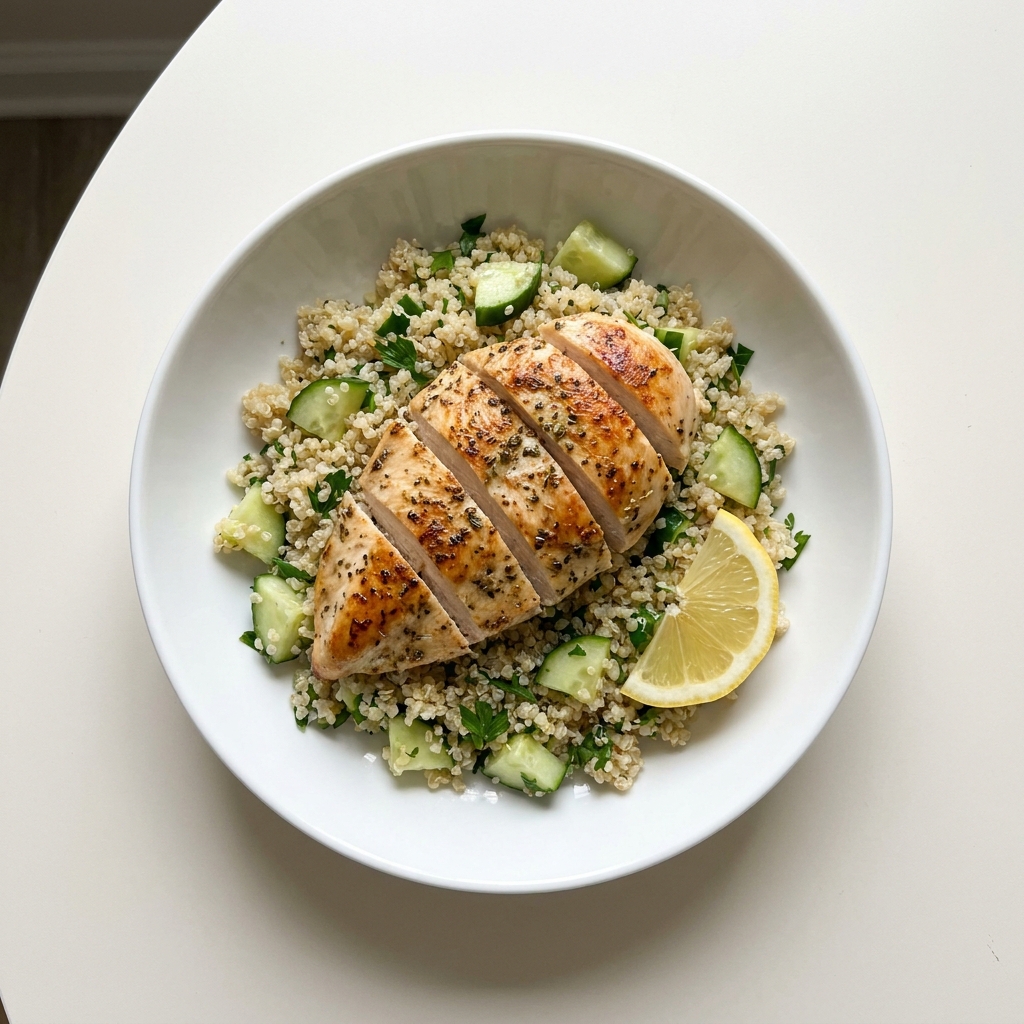 Mediterranean Lemon Chicken and Herb Quinoa, prepared as a finished Lila recipe