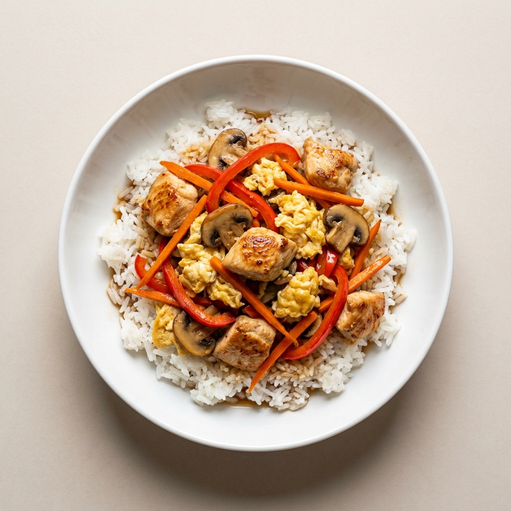 Ginger Tamari Chicken and Egg Stir-Fry, prepared as a finished Lila recipe