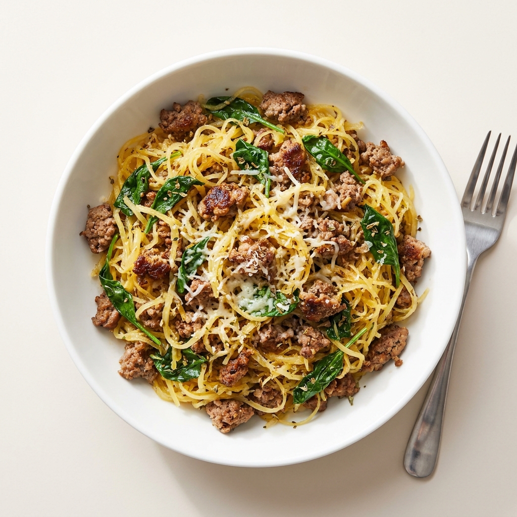 Savory Garlic Herb Ground Beef with Spaghetti Squash, prepared as a finished Lila recipe