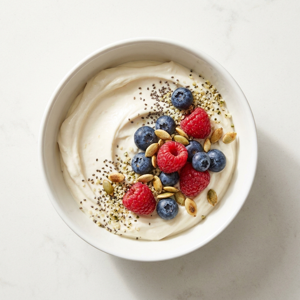 Vanilla Skyr Berry and Seed Breakfast Bowl, prepared as a finished Lila recipe