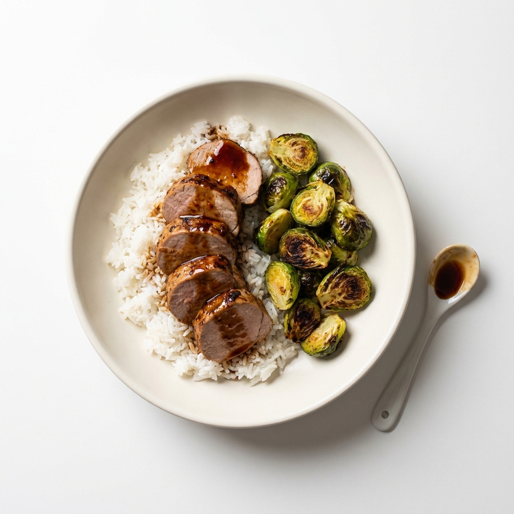 Slow Cooker Soy Ginger Pork Tenderloin with Rice and Brussels, prepared as a finished Lila recipe