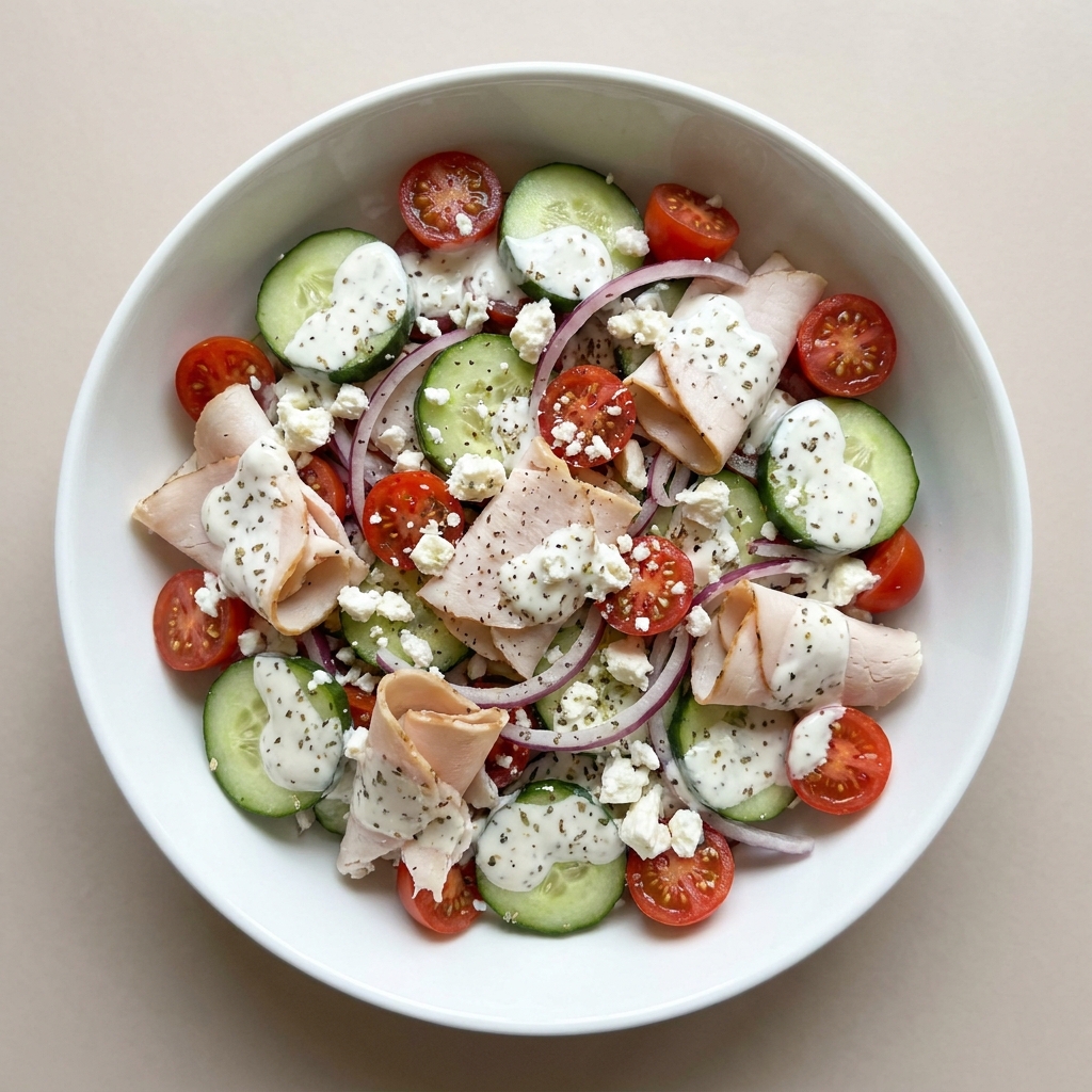 Quick Mediterranean Turkey and Cucumber Salad Bowl, prepared as a finished Lila recipe