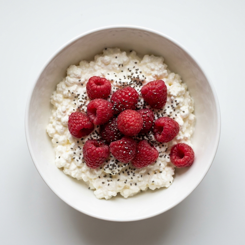 Raspberry and Chia Seed Cottage Cheese Bowl, prepared as a finished Lila recipe