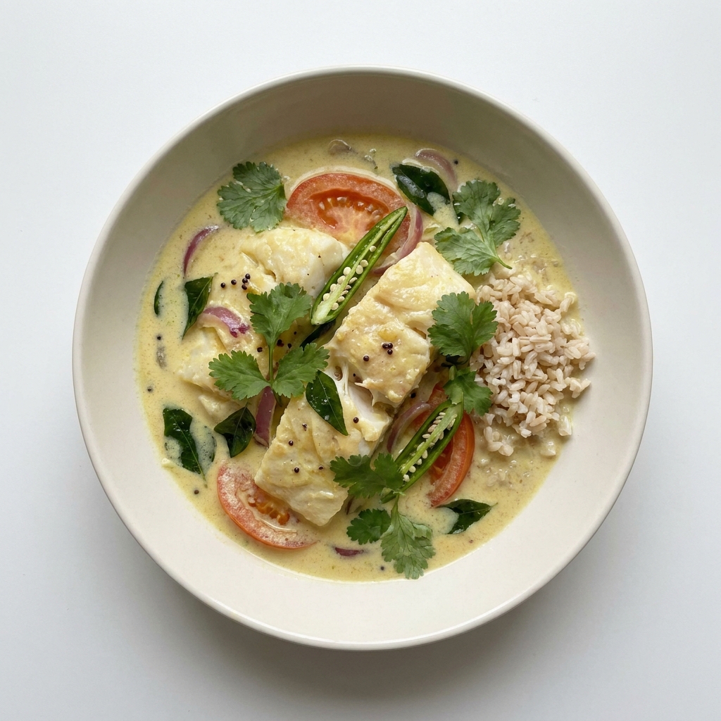 Kerala-Style Coconut Fish Curry, prepared as a finished Lila recipe