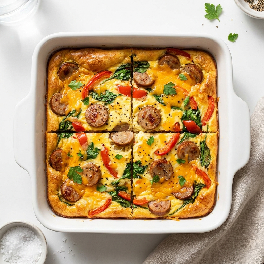 Weekend Prep Chicken Sausage and Cheddar Egg Bake, prepared as a finished Lila recipe
