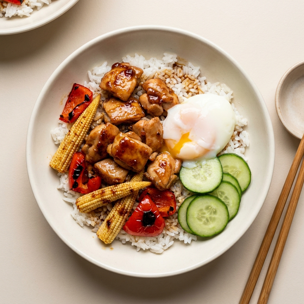 Air Fryer Teriyaki Chicken and Egg Rice Bowl, prepared as a finished Lila recipe