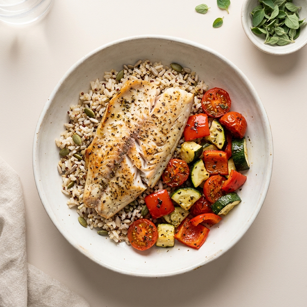 Air Fryer Herby Trout With Quinoa Seed Rice, prepared as a finished Lila recipe