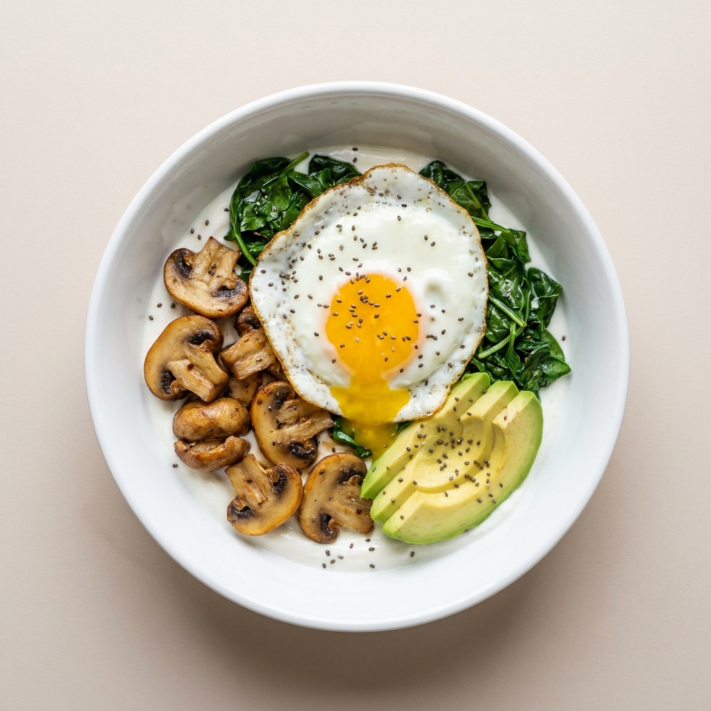 Savory Greek Yogurt and Fried Egg Bowl with Sautéed Kale and Mushrooms, prepared as a finished Lila recipe