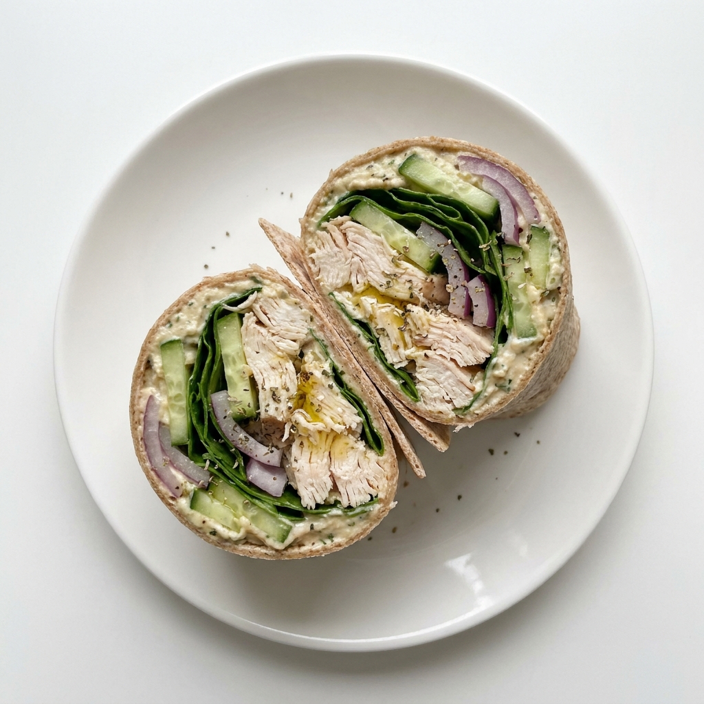 Rotisserie Chicken and Herbed Hummus Wrap, prepared as a finished Lila recipe
