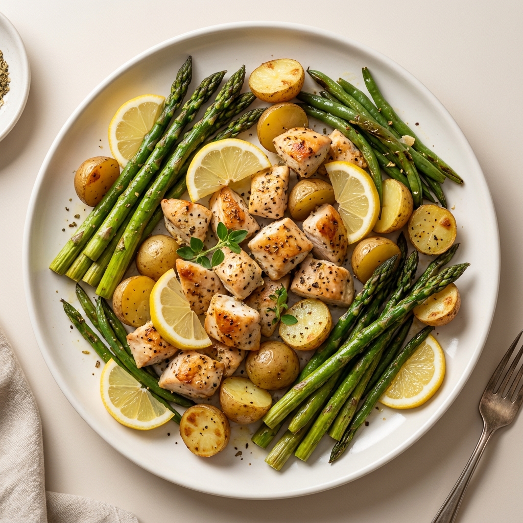 Sheet Pan Lemon Herb Chicken with Roasted Greens, prepared as a finished Lila recipe
