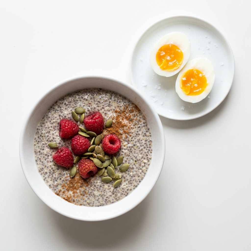 Berries and Cream Chia Pudding Bowl with Warm Eggs, prepared as a finished Lila recipe