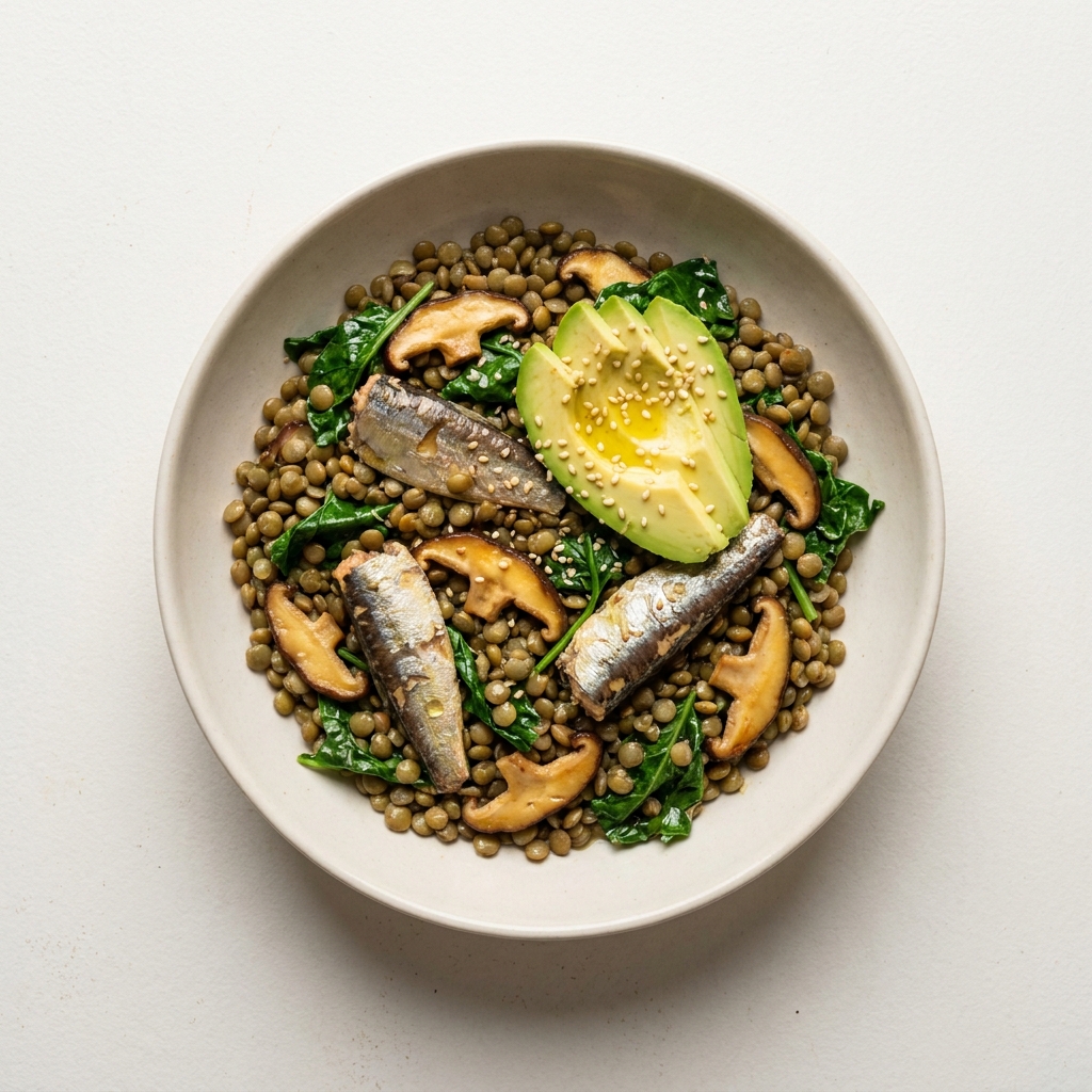 Crispy Sardine and Green Lentil Skillet with Warm Kale and Avocado, prepared as a finished Lila recipe
