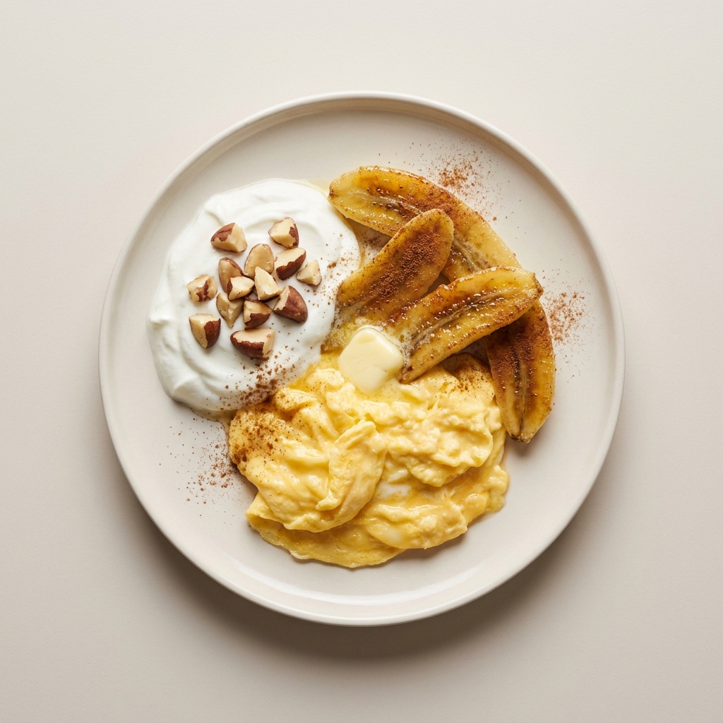 Warm Buttered Banana and Scrambled Egg Plate, prepared as a finished Lila recipe