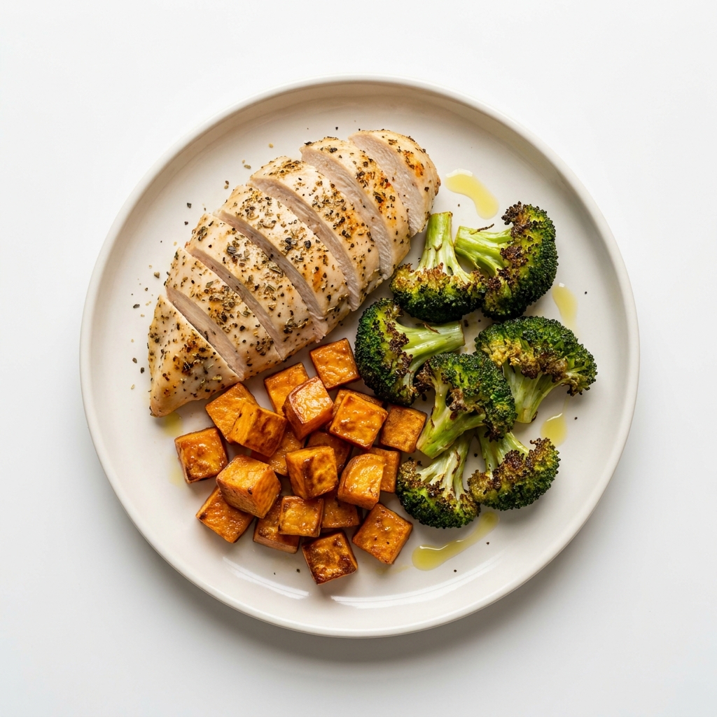 Garlic Herb Chicken Breast With Roasted Broccoli and Sweet Potato, prepared as a finished Lila recipe