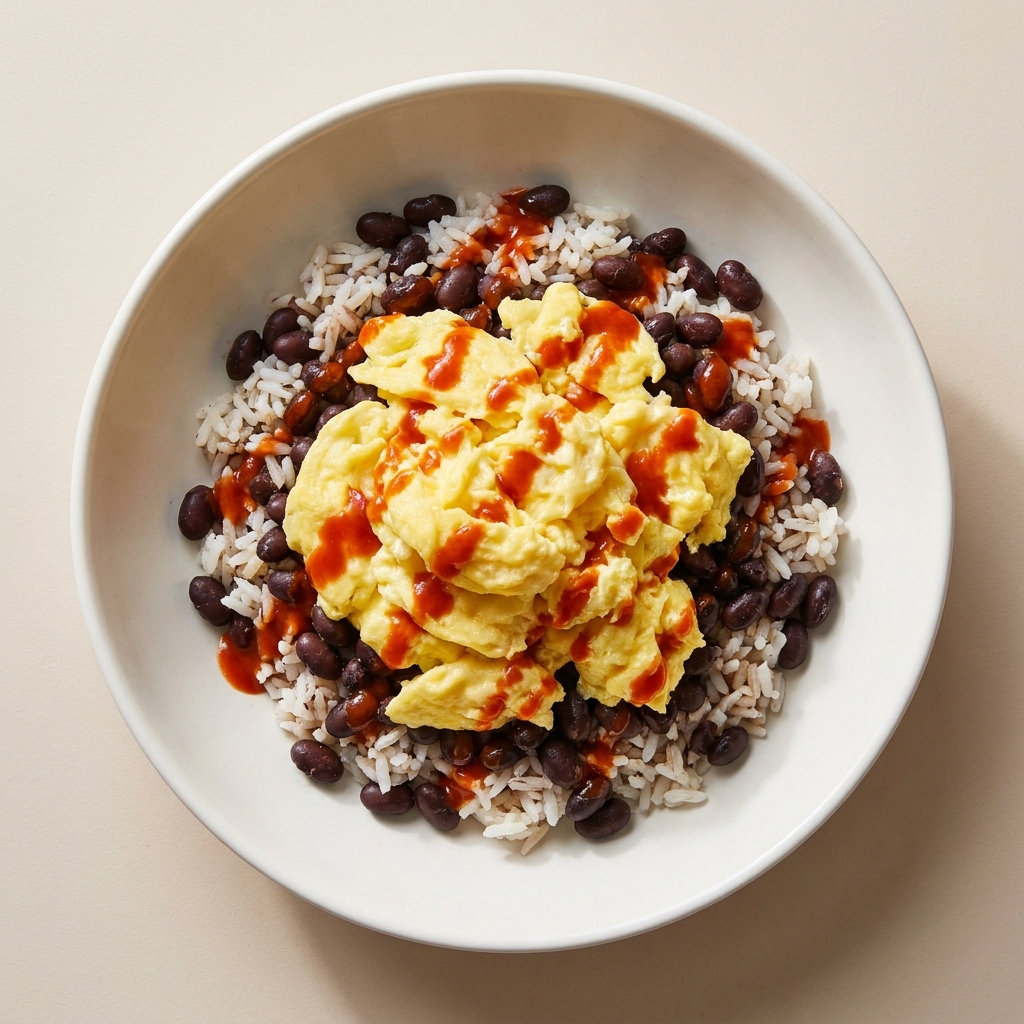 Quick Spicy Egg And Black Bean Rice Bowl, prepared as a finished Lila recipe