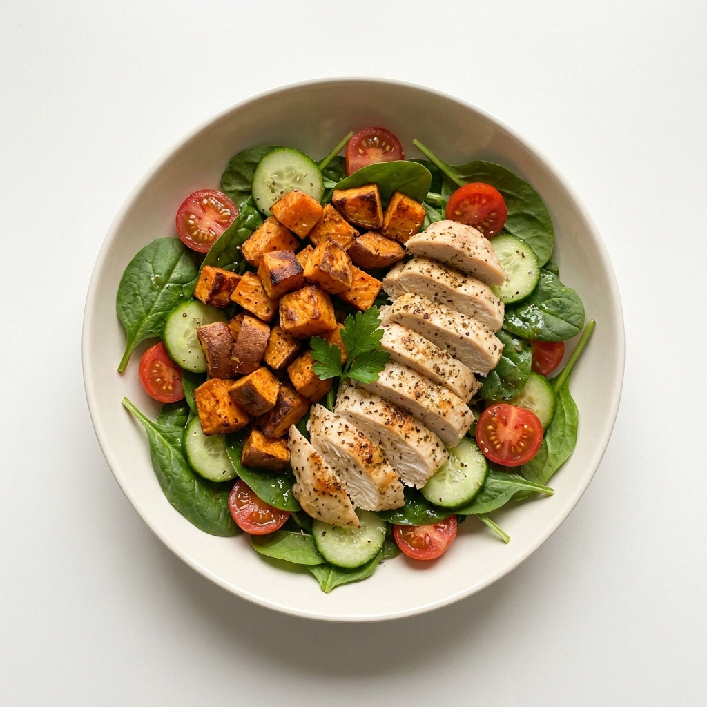 Roasted Sweet Potato and Warm Chicken Salad, prepared as a finished Lila recipe