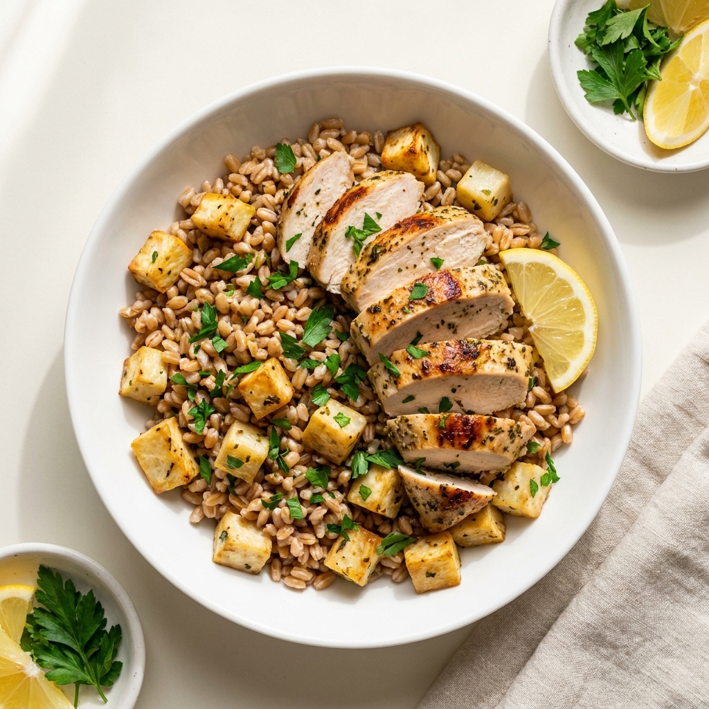 Herbed Farro and Roasted Celeriac Bowl with Chicken, prepared as a finished Lila recipe