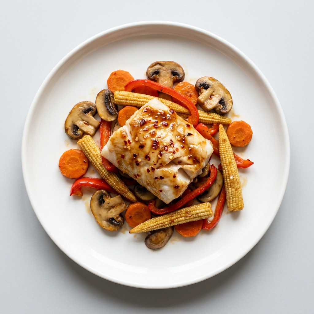 Air Fryer Chilli Ginger Cod With Rainbow Vegetables, prepared as a finished Lila recipe