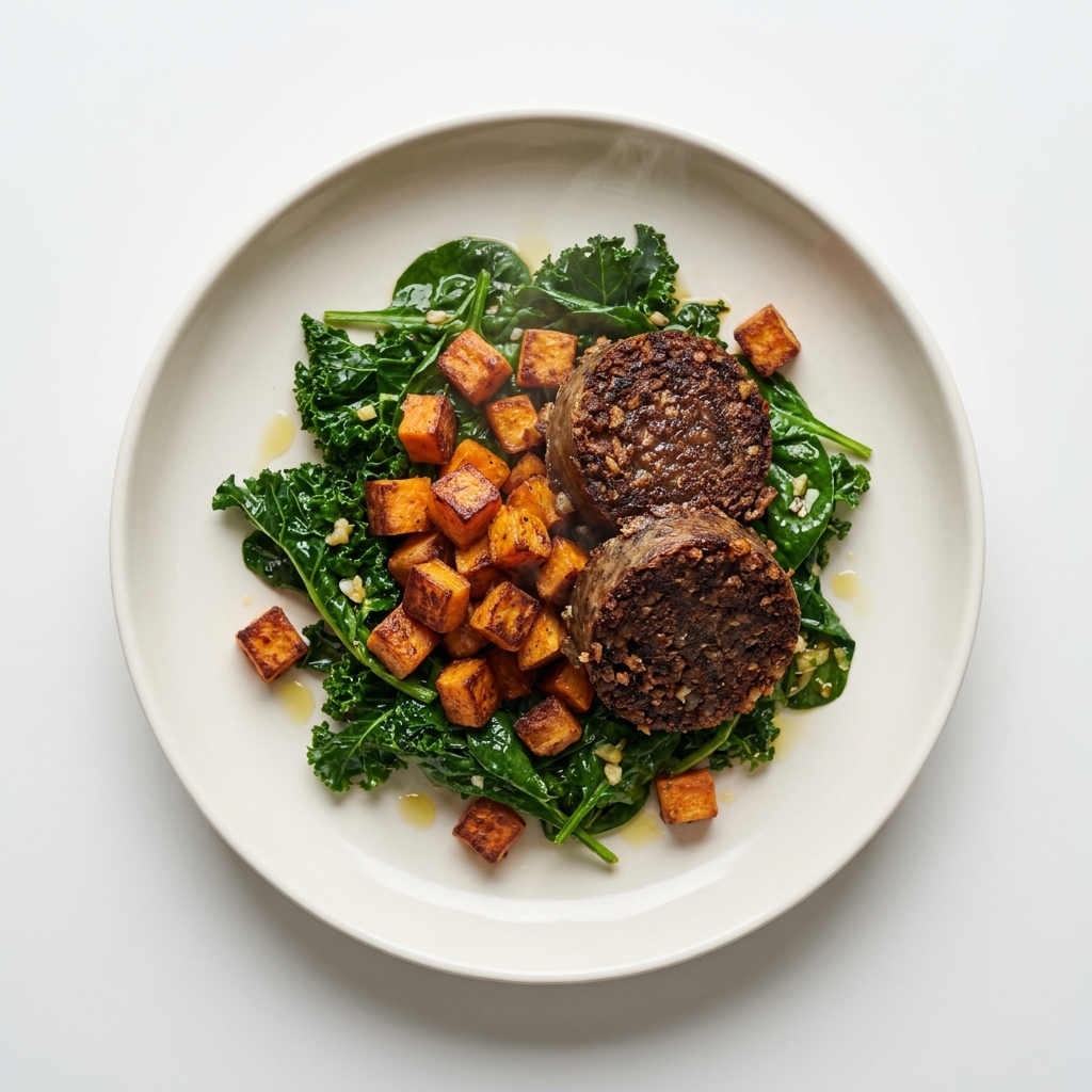 Air Fryer Haggis with Sweet Potato and Wilted Greens, prepared as a finished Lila recipe