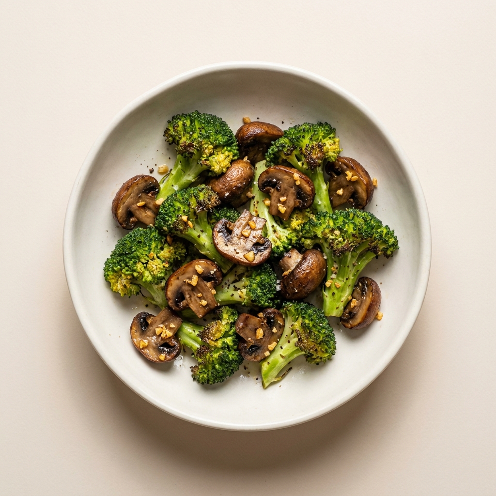 Roasted Garlic Broccoli and Mushrooms, prepared as a finished Lila recipe