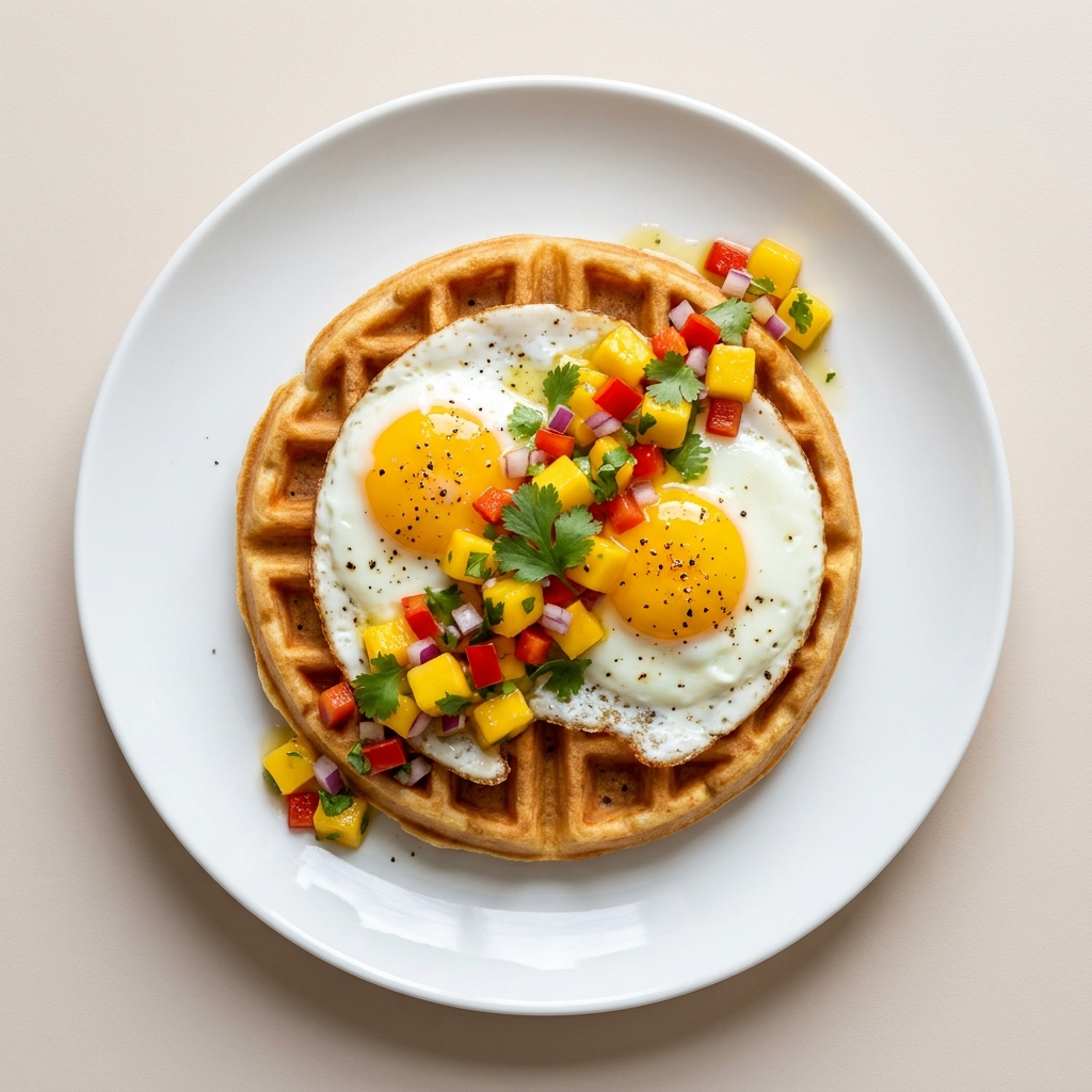 Gluten-Free Waffle with Eggs and Mango Salsa, prepared as a finished Lila recipe