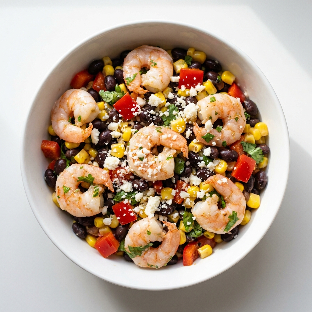 Mexican Shrimp and Black Bean Fiesta Bowl, prepared as a finished Lila recipe