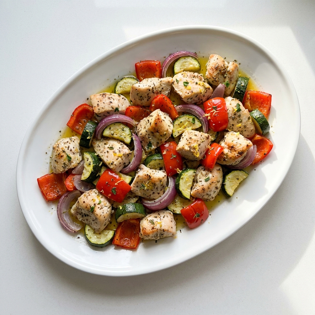 Sheet Pan Mediterranean Lemon Herb Chicken, prepared as a finished Lila recipe