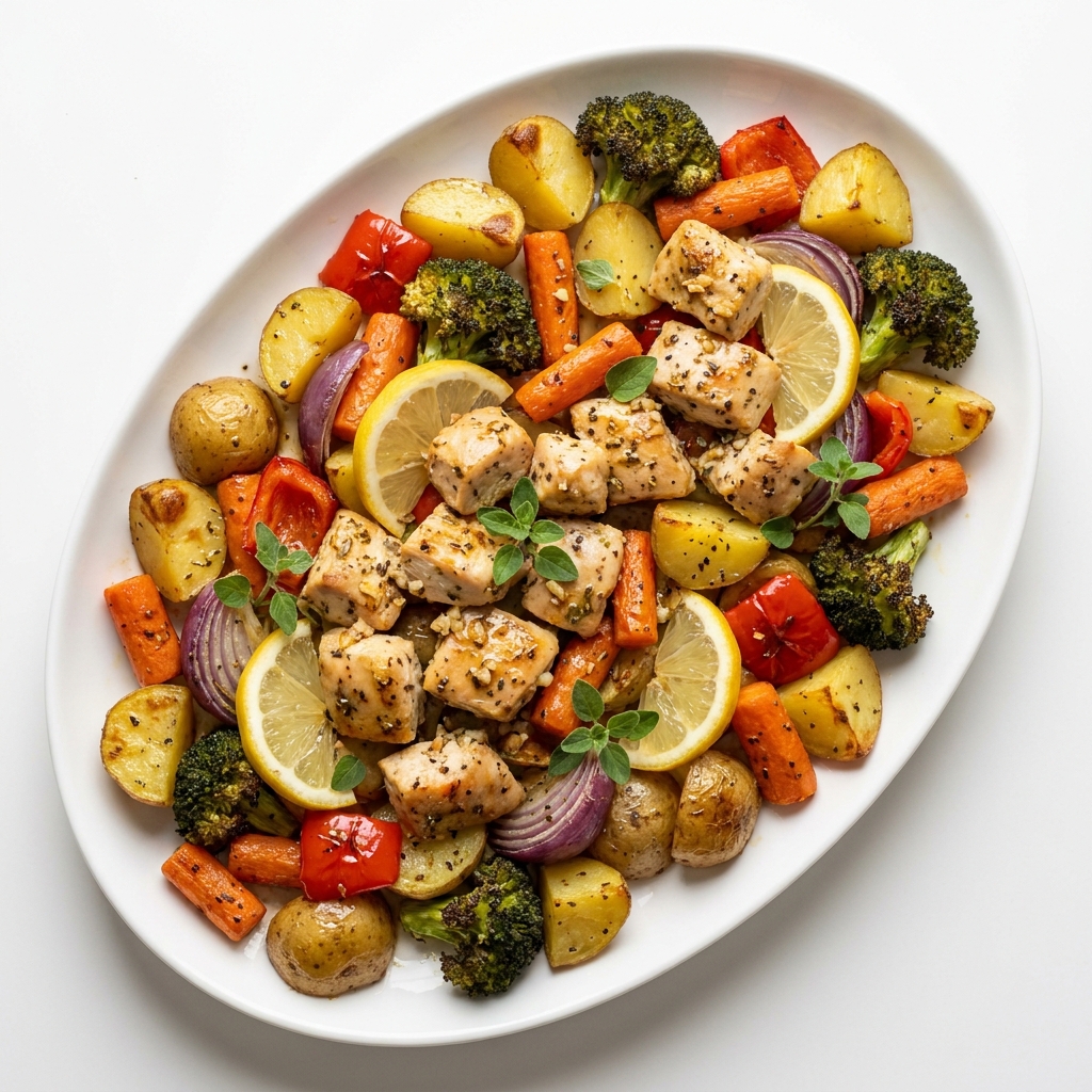 Sheet Pan Lemon Herb Chicken and Roasted Vegetables, prepared as a finished Lila recipe