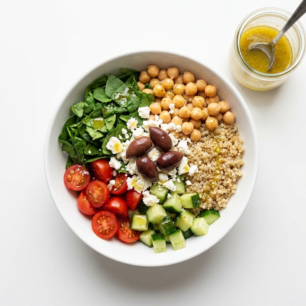 Mediterranean Chickpea and Quinoa Power Bowl, prepared as a finished Lila recipe