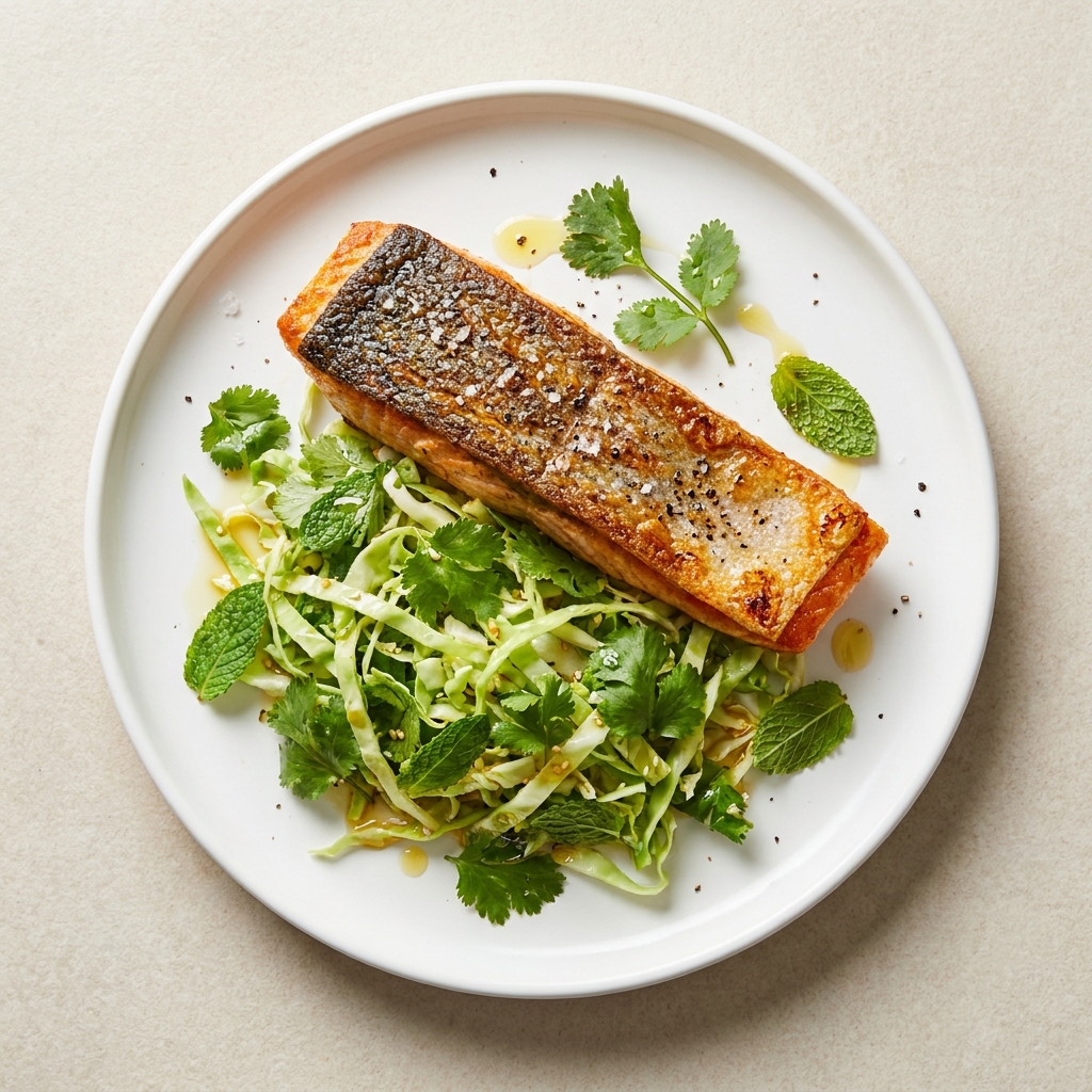 Pan-Seared Salmon with Asian Herb Salad, prepared as a finished Lila recipe