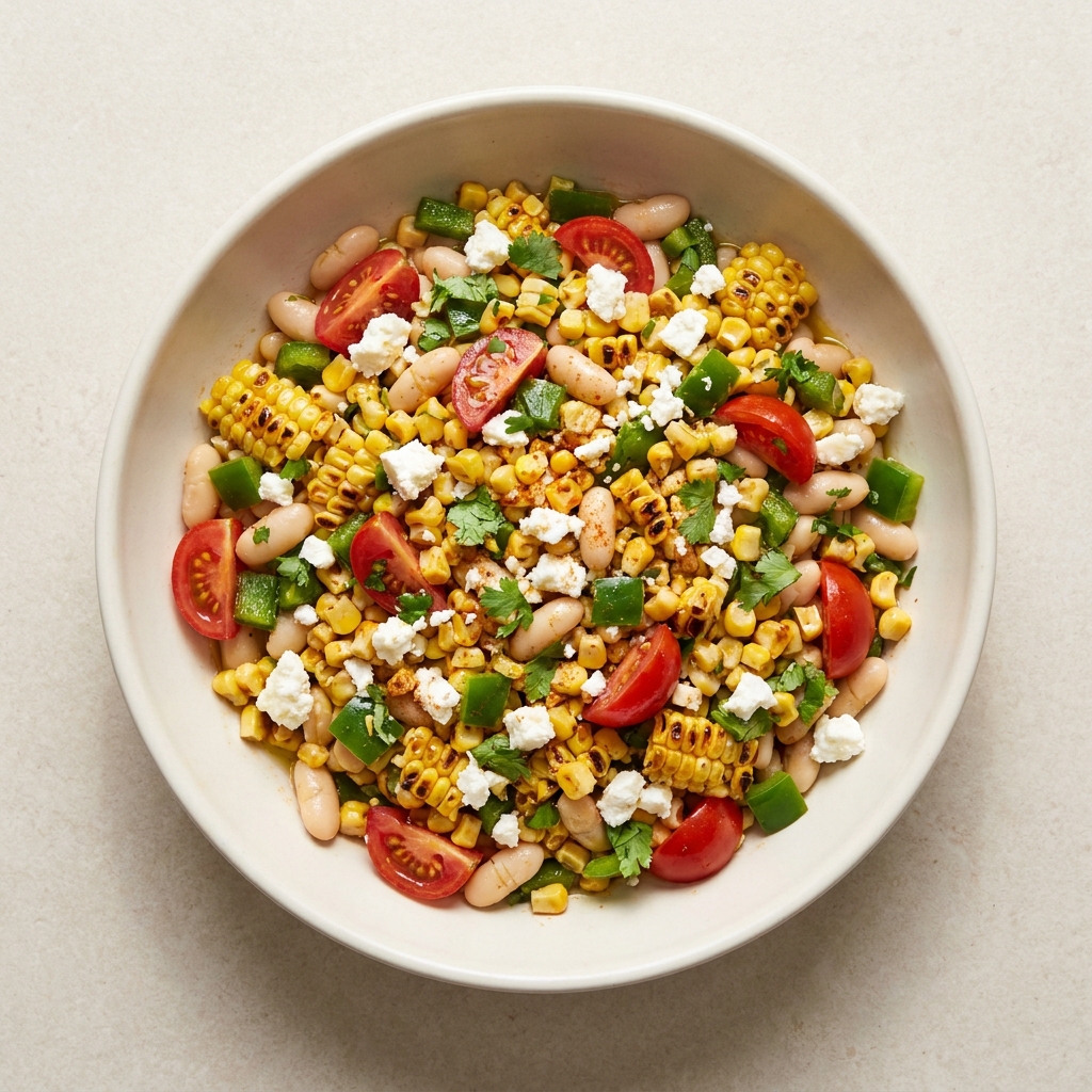 Mediterranean Carnival Street Corn and White Bean Salad, prepared as a finished Lila recipe