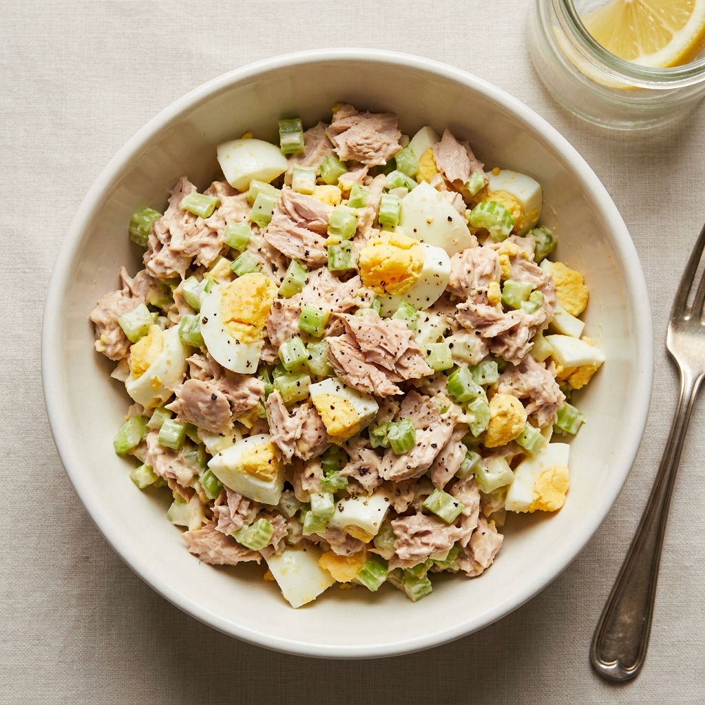 High Protein Tuna Egg Salad Bowl, prepared as a finished Lila recipe