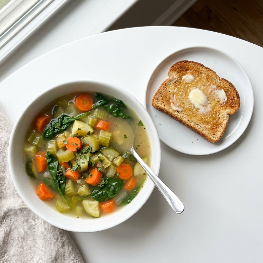 Hearty Vegetable Soup with Buttered Gluten-Free Toast, prepared as a finished Lila recipe