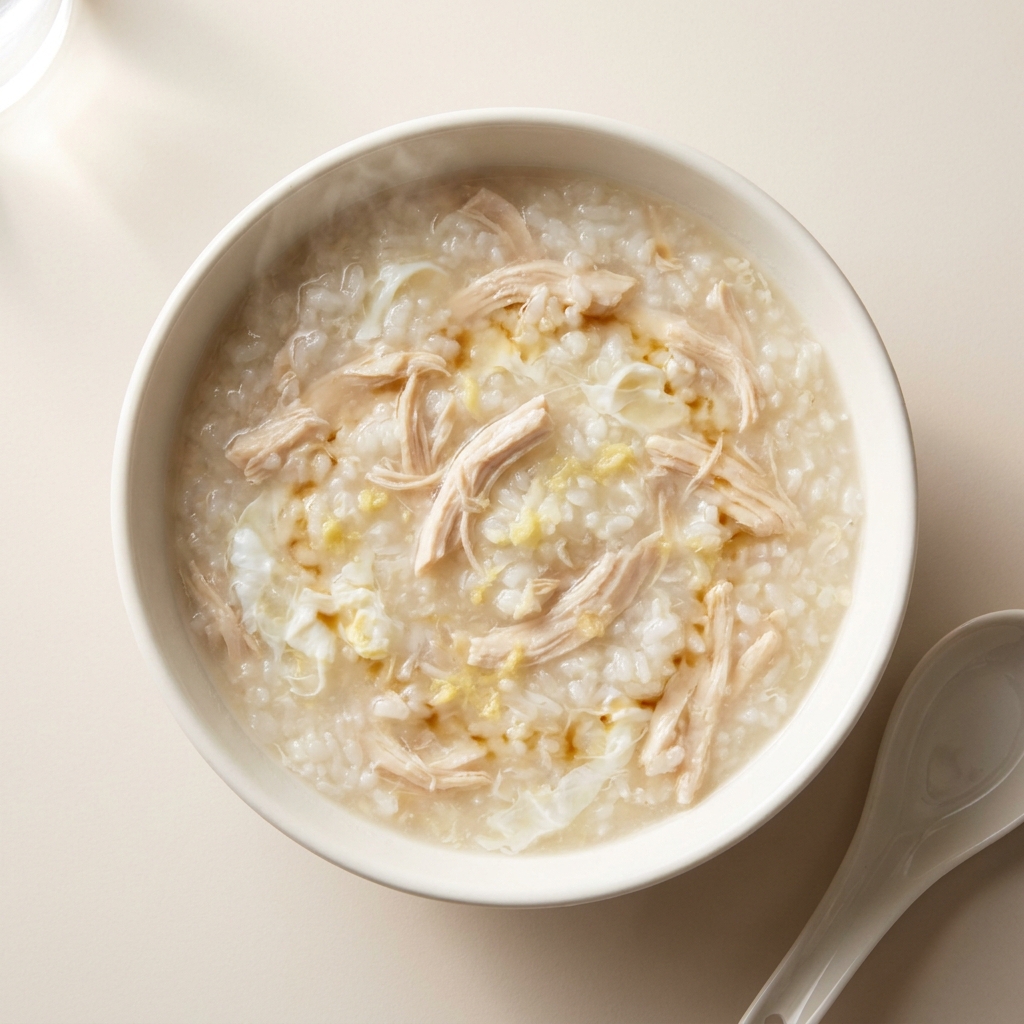 Warm Chicken and Ginger Rice Congee Bowl, prepared as a finished Lila recipe