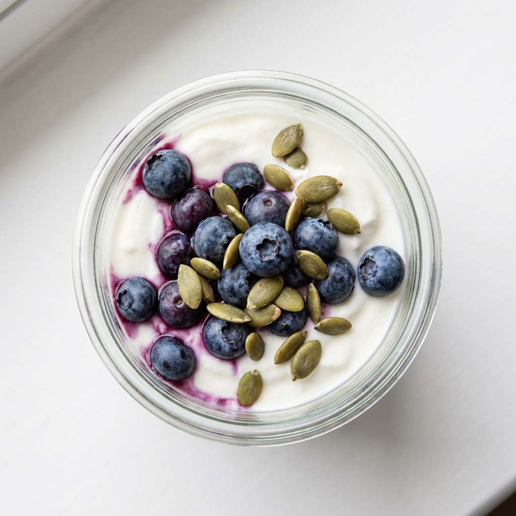 Berry and Pumpkin Seed Greek Yogurt Pot, prepared as a finished Lila recipe