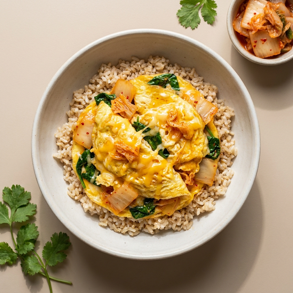 10-Minute Kimchi and Cheddar Egg Rice Bowl, prepared as a finished Lila recipe