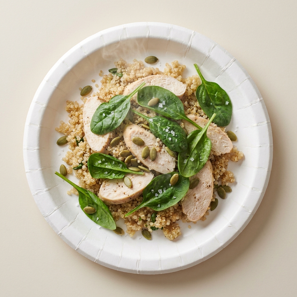 Microwaved Chicken and Pre-Cooked Quinoa Bowl, prepared as a finished Lila recipe