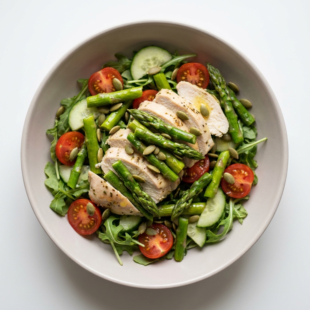 Microwaved Lemon Herb Chicken with Warm Asparagus and Salad, prepared as a finished Lila recipe