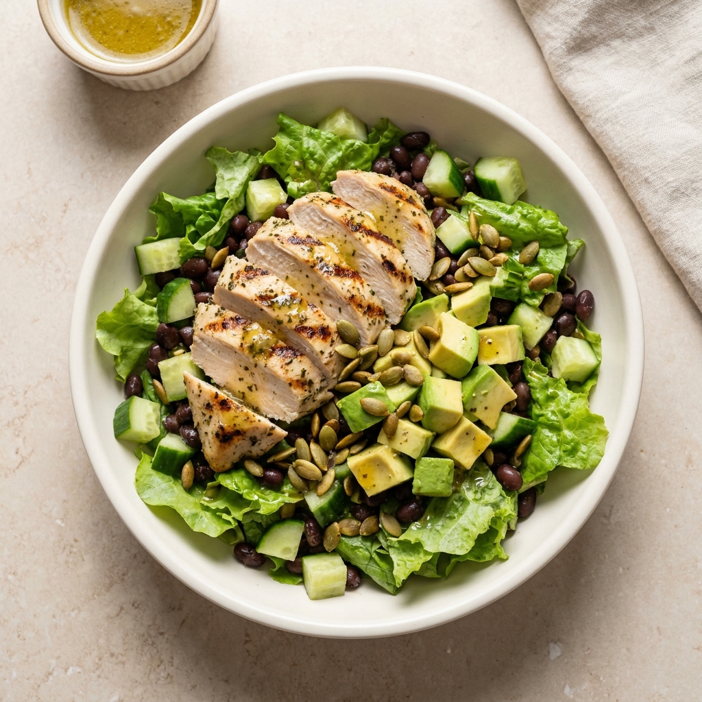 High Protein Lemon Herb Chicken and Black Bean Salad, prepared as a finished Lila recipe