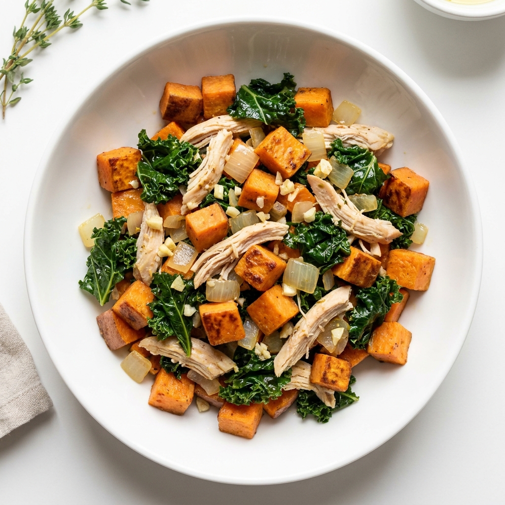 Warm Chicken Sweet Potato Hash, prepared as a finished Lila recipe