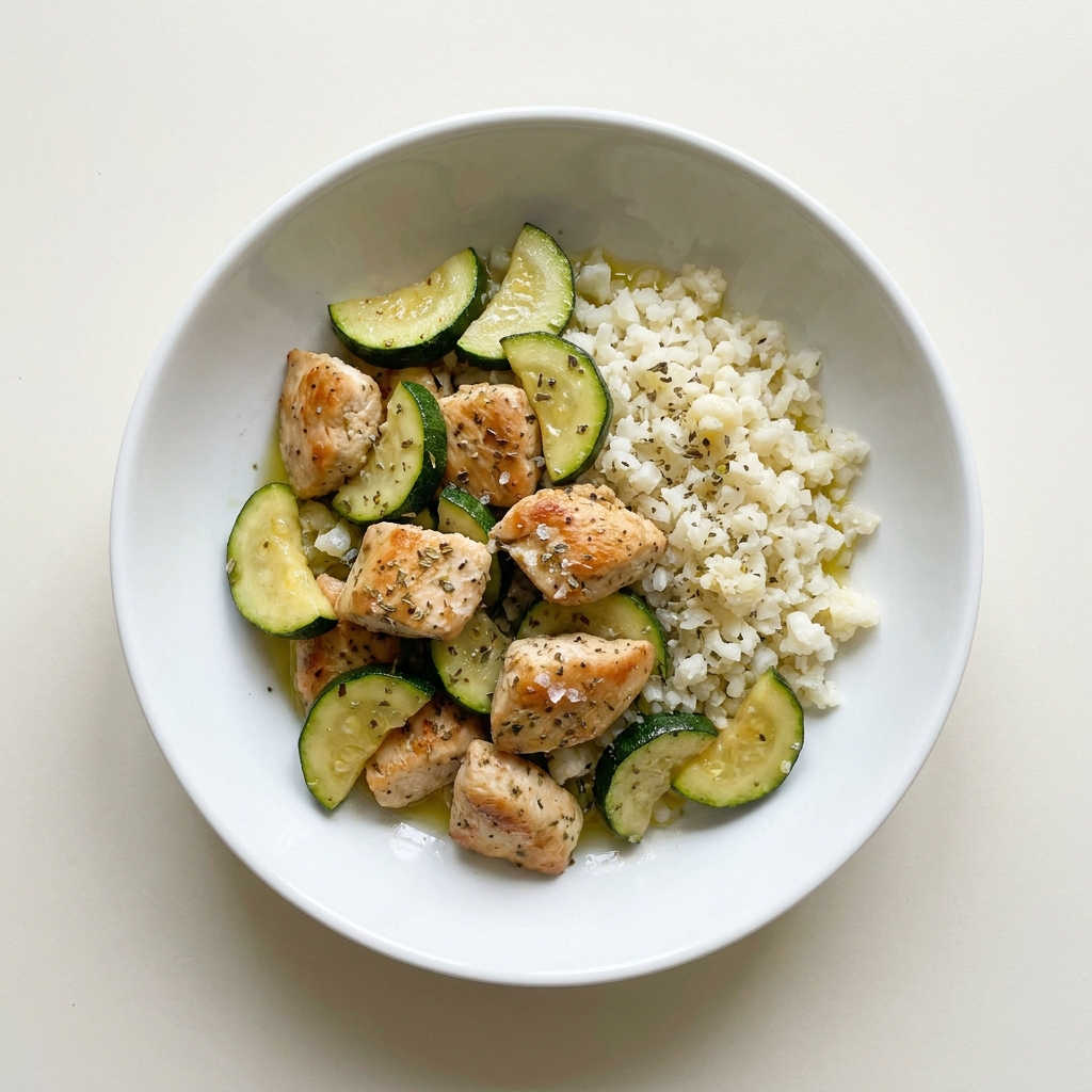 Herb Sautéed Chicken with Cauliflower Rice and Zucchini, prepared as a finished Lila recipe
