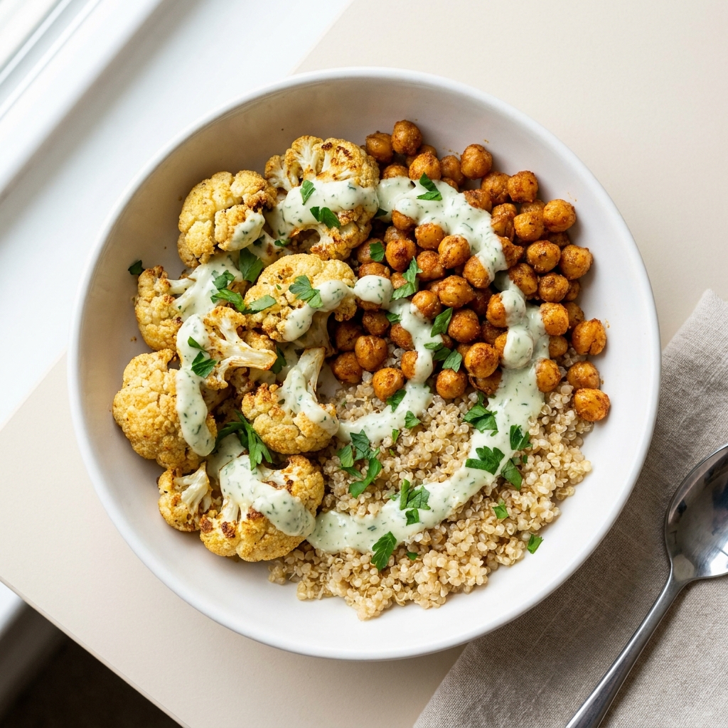 Roasted Cauliflower and Chickpea Power Bowl, prepared as a finished Lila recipe