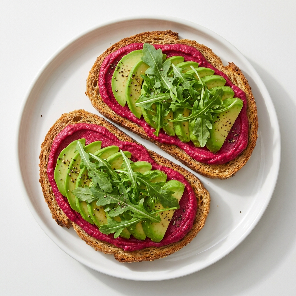 Beet Hummus and Arugula Toast, prepared as a finished Lila recipe