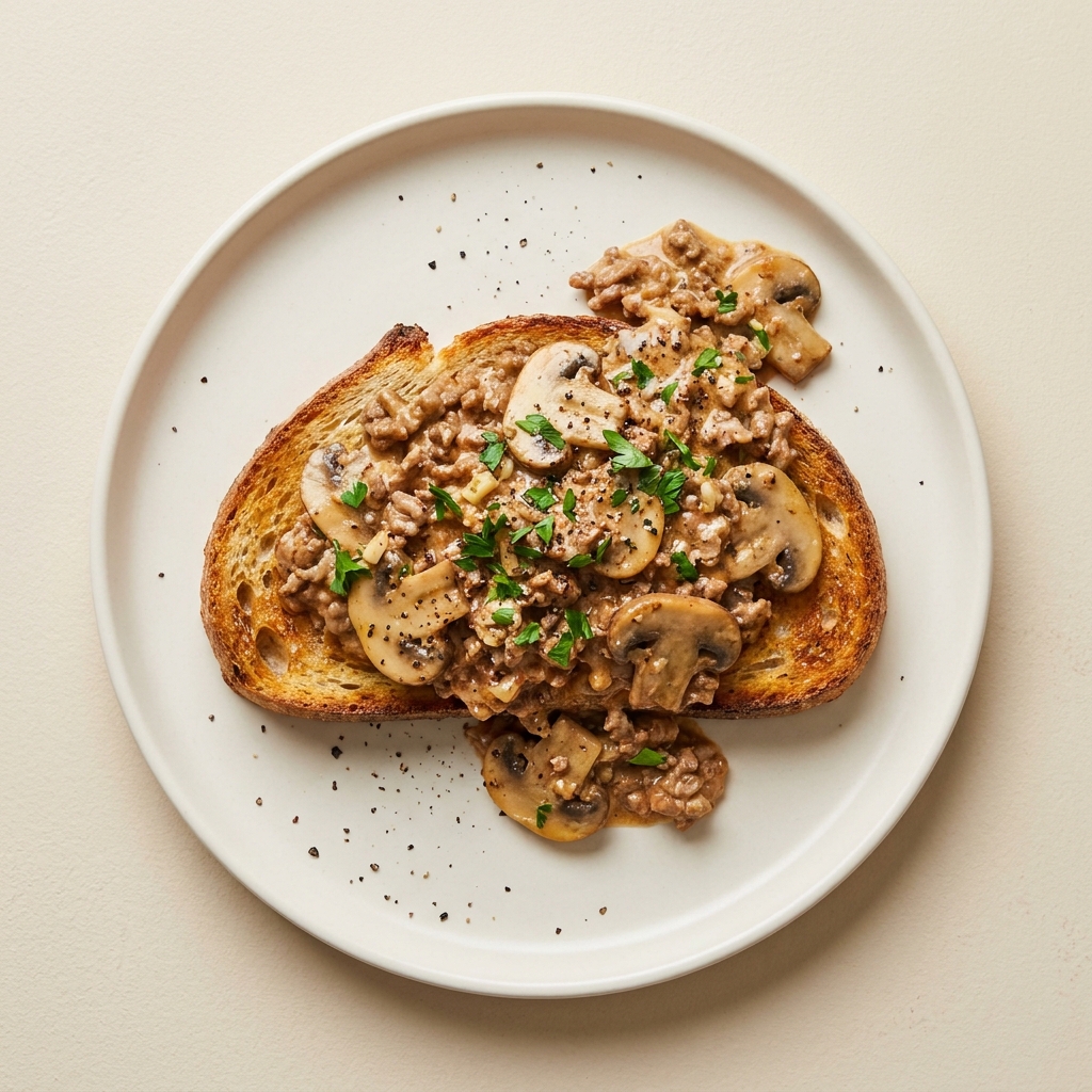 Creamy Garlic Pork Mince and Mushrooms on Sourdough, prepared as a finished Lila recipe
